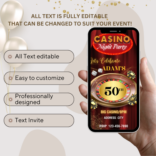 Casino Poker Games Night Party , Invite Adult Birthday Invite, Red Black Gold Dice Las Vegas Stag Night - www.paperless-events.com