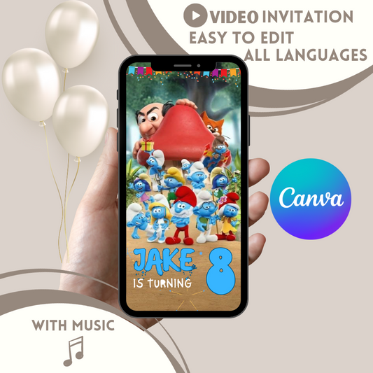 Smurfs Video Invitation,Smurfette Evite,Editable With Canva - www.paperless-events.com