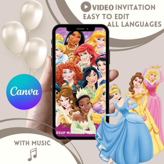 Disney Princesses Video Invitation,Belle Invitation,Ariel,Cinderella,Editable Animated Invite - www.paperless-events.com