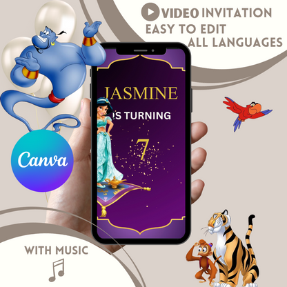 Princess Jasmine Video Invitation, Princess Jasmine digital invite,Aladdin Invitation - www.paperless-events.com