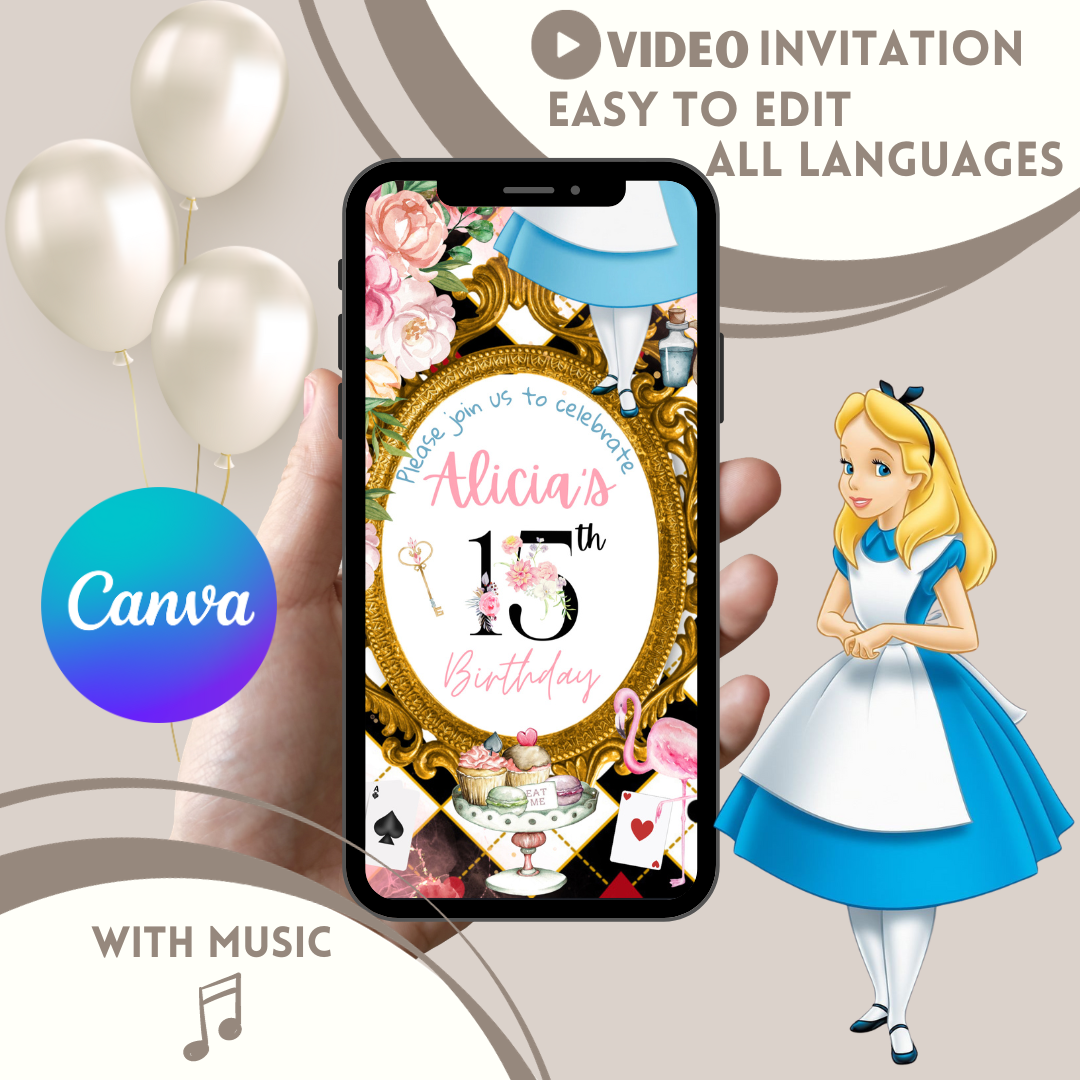 Digital Alice in Wonderland Video Invitation , Mad Tea Party, EDITABLE - www.paperless-events.com