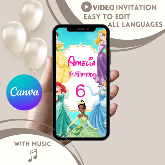 Disney Princesses Video Invitation,Ariel,Cinderella,Belle Editable Digital Birthday Invitation - www.paperless-events.com