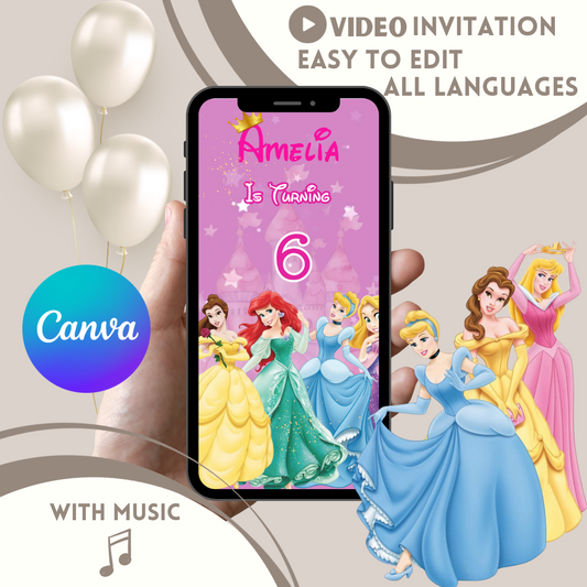 Disney Princesses Birthday Party Video Invitation, Princess Birthday Party Evite Custom ,Self Edit Instant Download - www.paperless-events.com