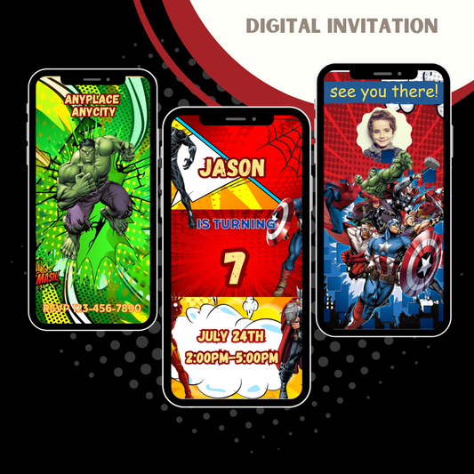 Avengers Digital Birthday Invitation,Iron Man ,Thor,SpiderMan ,Captain America Birthday - www.paperless-events.com