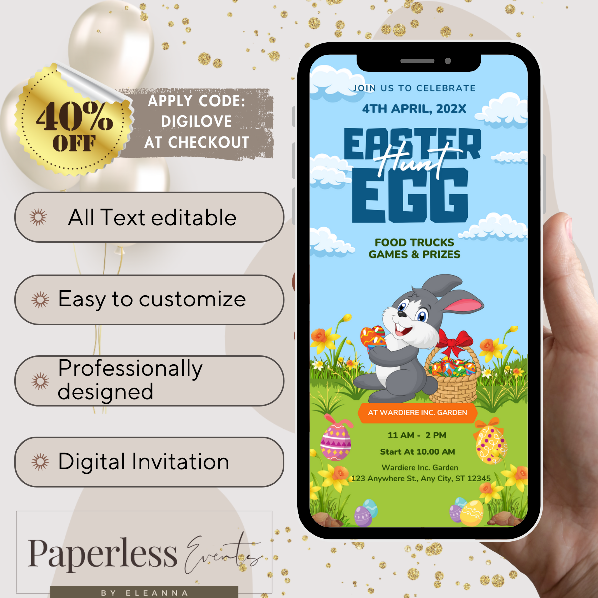 Editable Easter Egg Hunt Electronic Invitation Template, Easter Egg Hunt Phone Invitation, Easter Egg Hunt Invitation, Easter Egg Invite - www.paperless-events.com