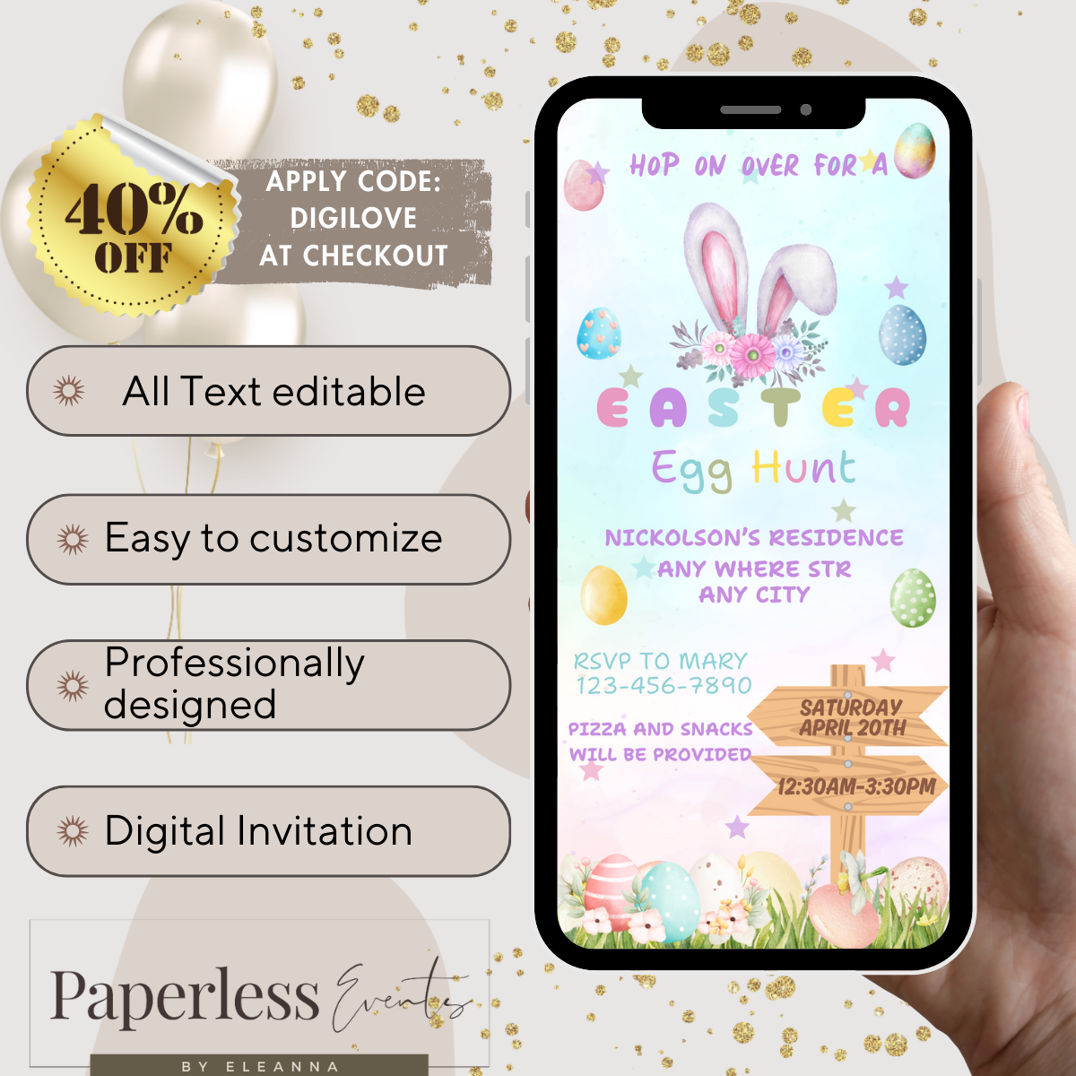 Editable Easter Egg Hunt Electronic Invitation Template, Easter Egg Hunt Phone Invitation, Easter Egg Hunt Invitation, Easter Egg Invite - www.paperless-events.com