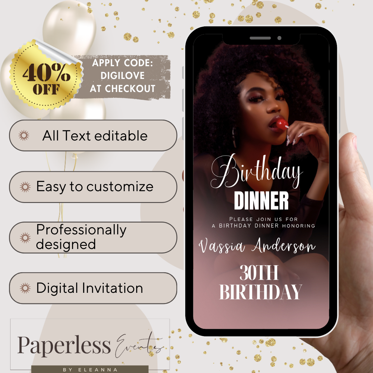 Digital Birthday Dinner invitation, Birthday Dinner, Digital Birthday Party Invite, Editable Template, Text, Birthday Party, text evite - www.paperless-events.com