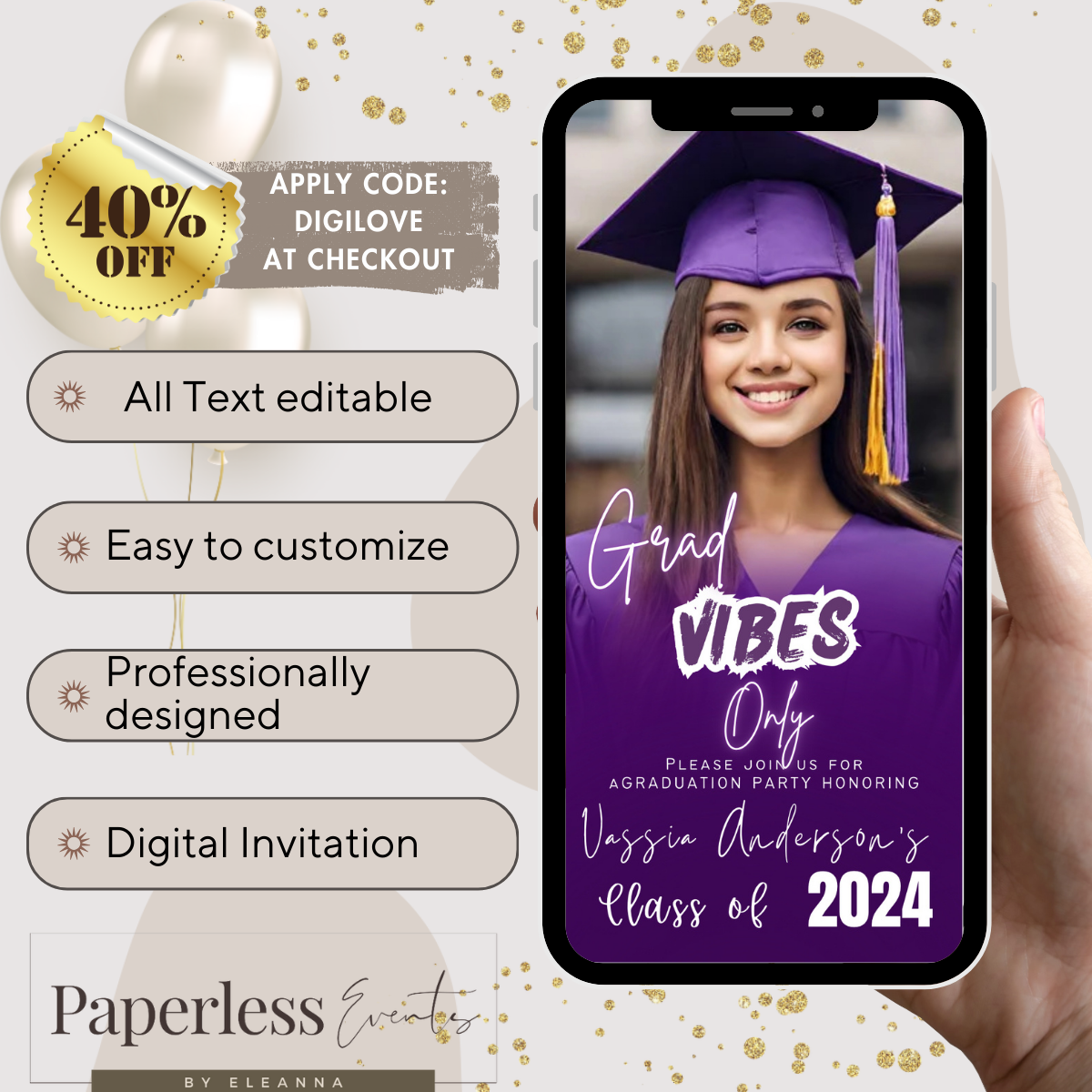 Graduation Party Invitation, Grad Announcement, High school, College, Nursing and Law Graduation Invite, Purple Gold, Digital Grad Itinerary - www.paperless-events.com