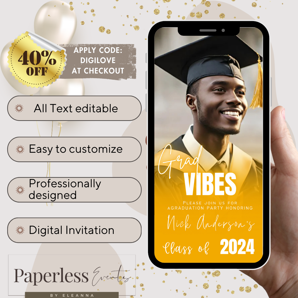 Graduation Party Invitation, Grad Announcement, High school, College, Nursing and Law Graduation Invite, gold and Black, Digital Grad Itinerary - www.paperless-events.com