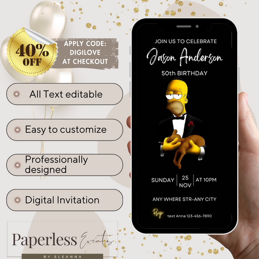 Homer Simpson Digital Invitation,Homer Simpson Invitation with music,Homer Simpson Godfather invite - www.paperless-events.com