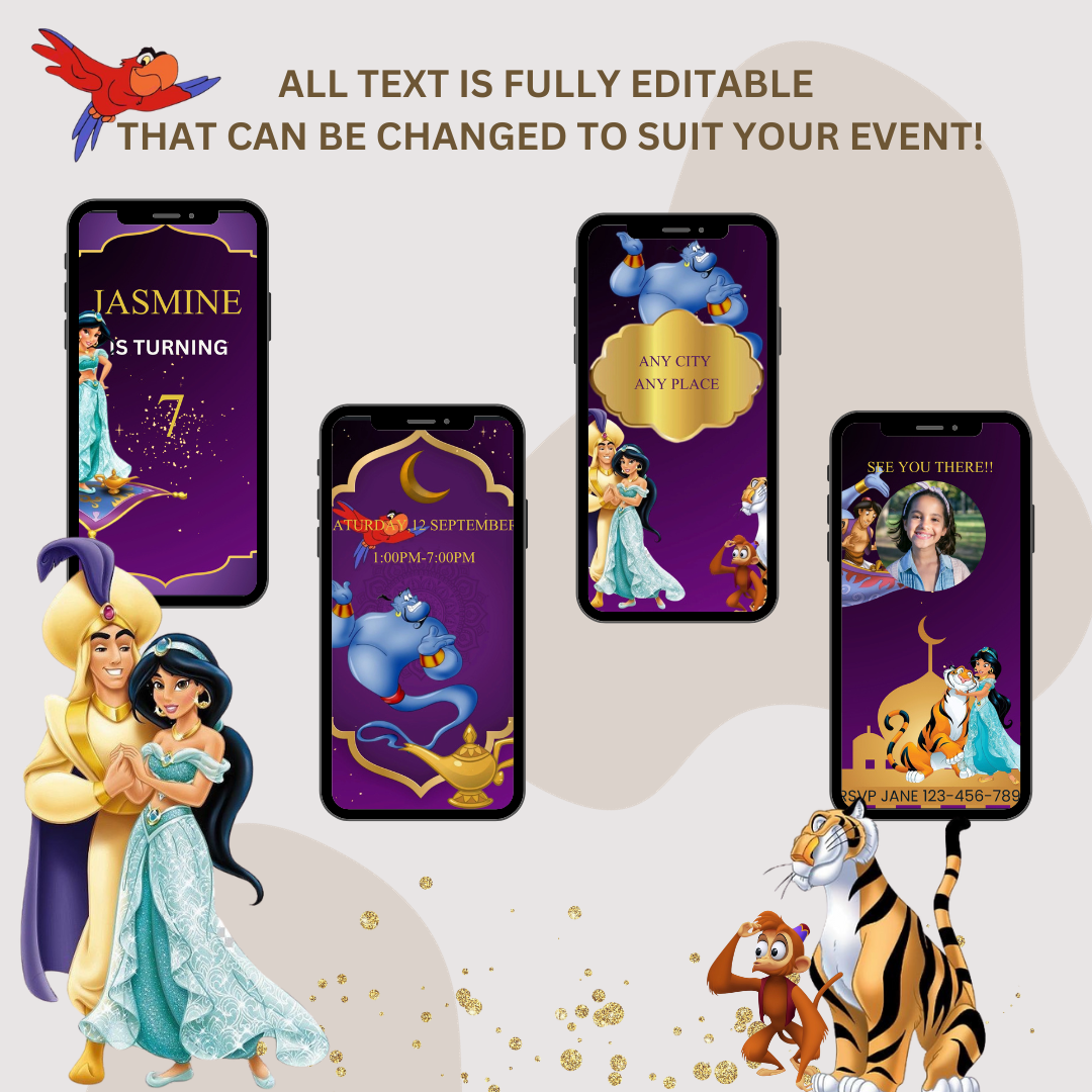 Princess Jasmine Video Invitation, Princess Jasmine digital invite,Aladdin Invitation - www.paperless-events.com