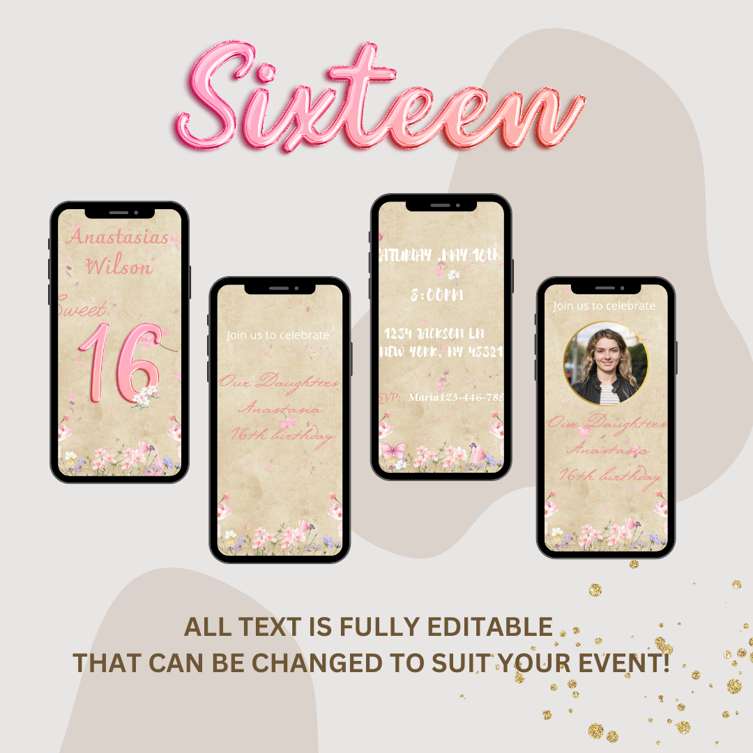 Sweet Sixteen Invitation Template, Blush Pink Flowers Editable Video Invitation - www.paperless-events.com