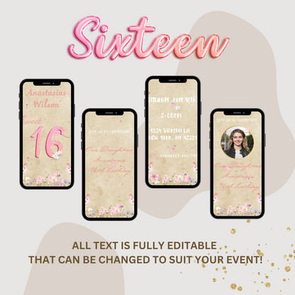 Sweet Sixteen Invitation Template, Blush Pink Flowers Editable Video Invitation - www.paperless-events.com