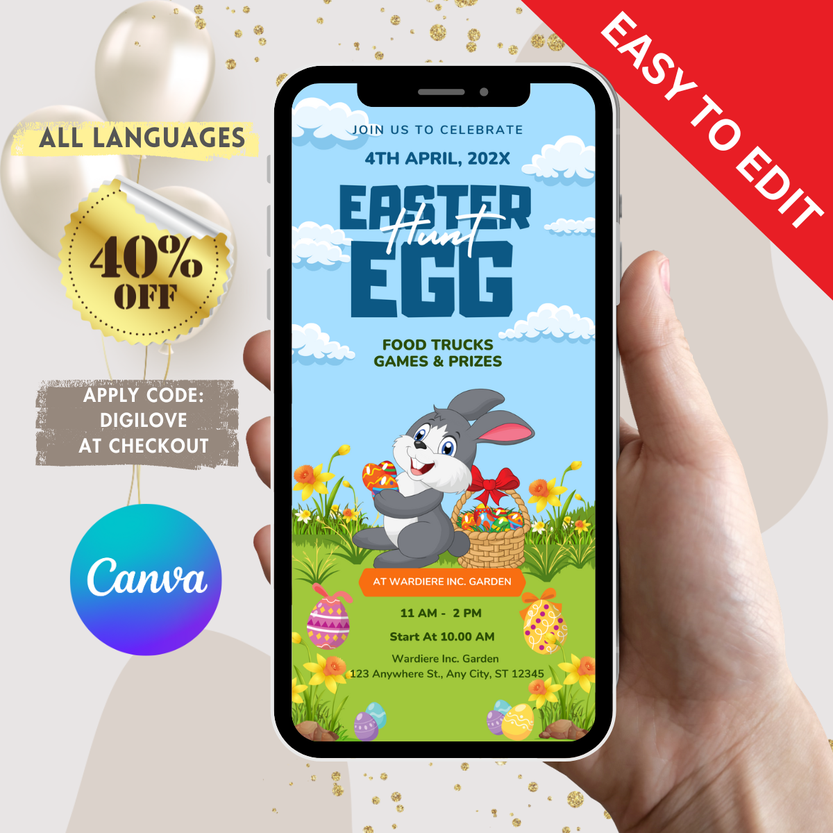 Editable Easter Egg Hunt Electronic Invitation Template, Easter Egg Hunt Phone Invitation, Easter Egg Hunt Invitation, Easter Egg Invite - www.paperless-events.com