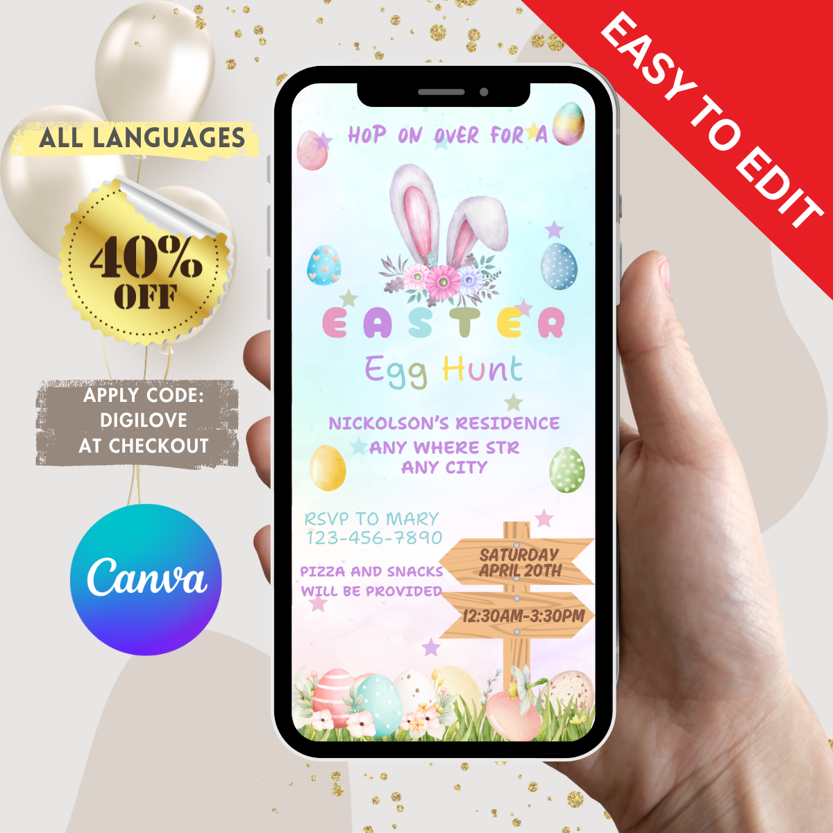 Editable Easter Egg Hunt Electronic Invitation Template, Easter Egg Hunt Phone Invitation, Easter Egg Hunt Invitation, Easter Egg Invite - www.paperless-events.com