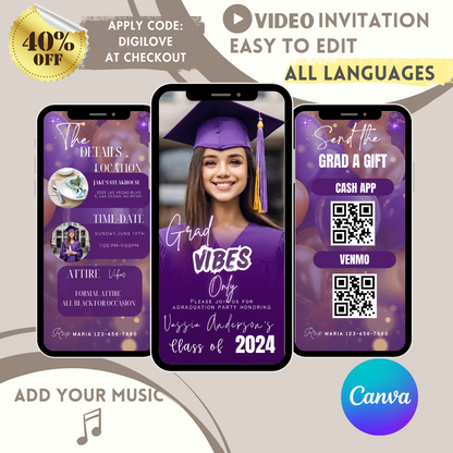 Graduation Party Invitation, Grad Announcement, High school, College, Nursing and Law Graduation Invite, Purple Gold, Digital Grad Itinerary - www.paperless-events.com