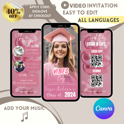 Graduation Party Invitation, Grad Announcement, High school, College, Nursing and Law Graduation Invite, Powder Pink, Digital Grad Itinerary - www.paperless-events.com