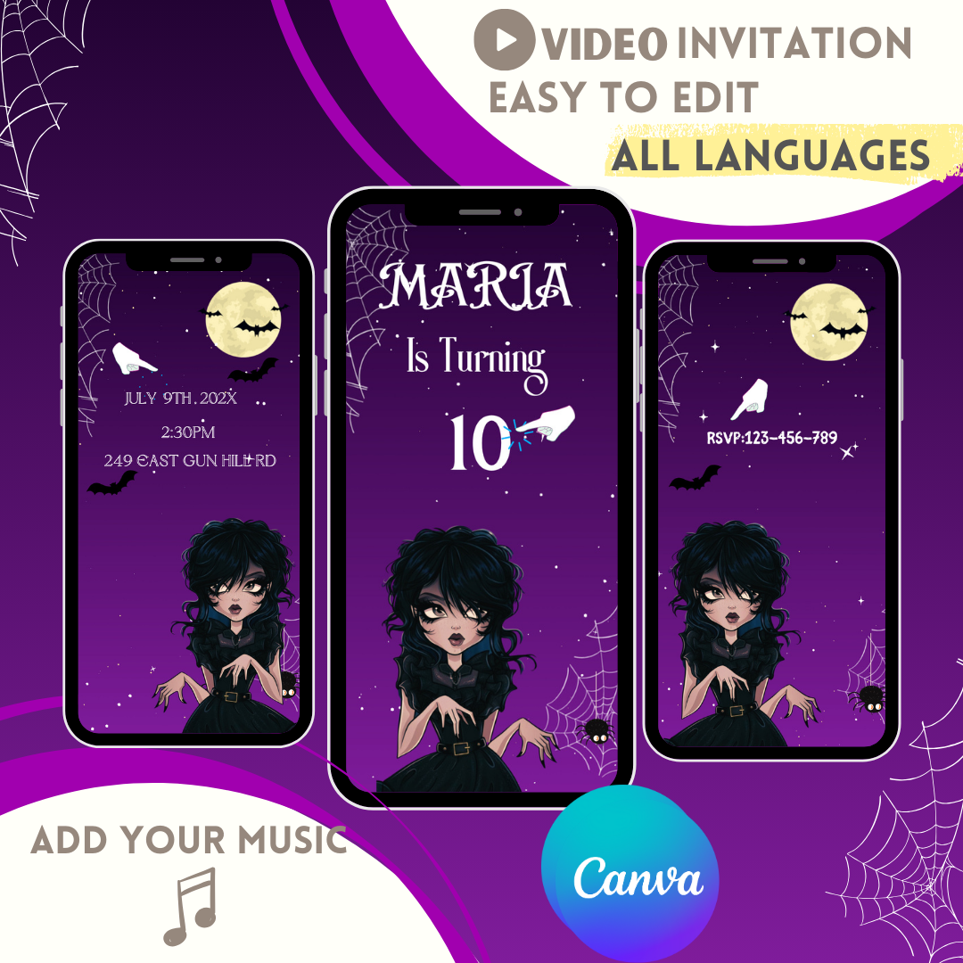 Wednesday Addams Animated Digital invitation,Halloween Invitation - www.paperless-events.com