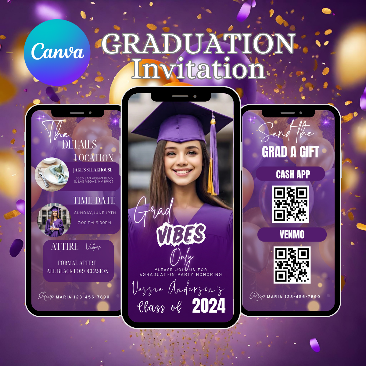 Graduation Party Invitation, Grad Announcement, High school, College, Nursing and Law Graduation Invite, Purple Gold, Digital Grad Itinerary - www.paperless-events.com