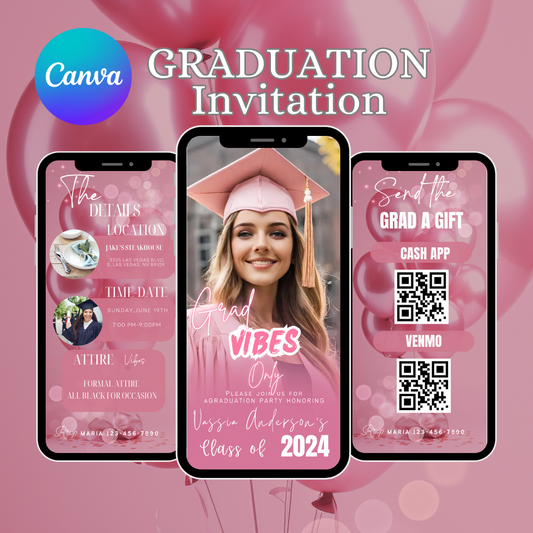 Graduation Party Invitation, Grad Announcement, High school, College, Nursing and Law Graduation Invite, Powder Pink, Digital Grad Itinerary - www.paperless-events.com