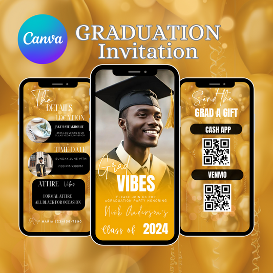 Graduation Party Invitation, Grad Announcement, High school, College, Nursing and Law Graduation Invite, gold and Black, Digital Grad Itinerary - www.paperless-events.com