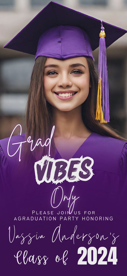 Graduation Party Invitation, Grad Announcement, High school, College, Nursing and Law Graduation Invite, Purple Gold, Digital Grad Itinerary