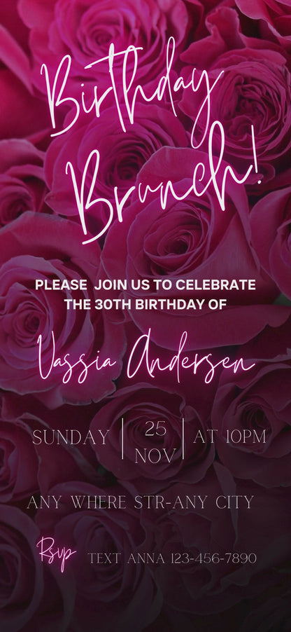 Digital Birthday Brunch Party Invitation, Digital Pink Floral Phone Message Evite For Her, Animated Invite For Any Age, Self Editable Ecard