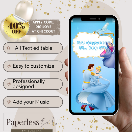 Cinderella Party Inivtation.Disney Princess Video Invite,Cinderella Editable Birthday Animated invitation - www.paperless-events.com