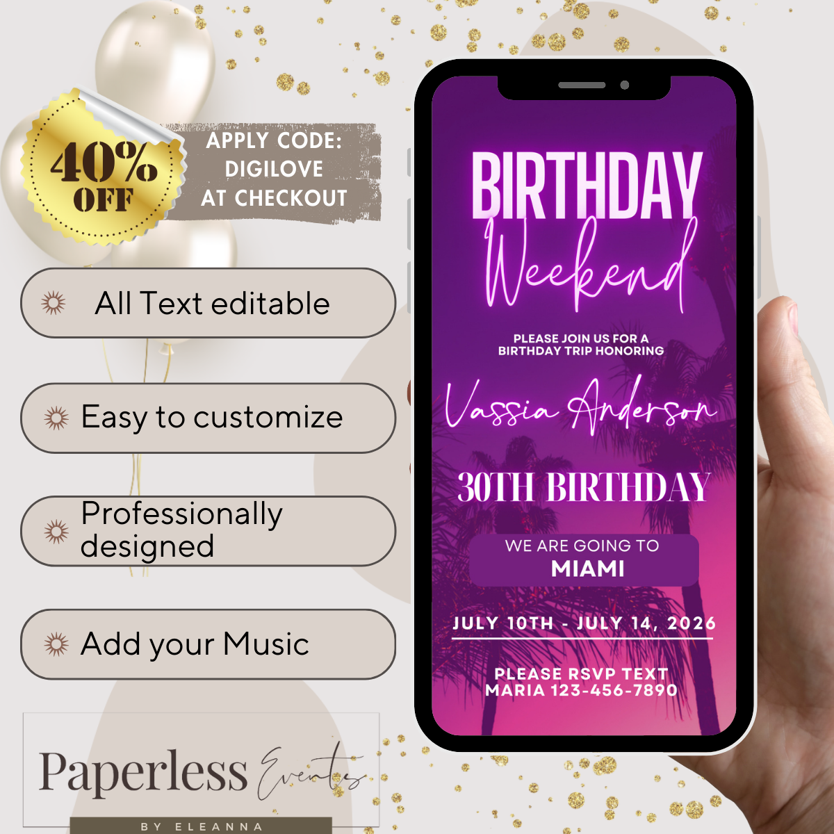 Purple Birthday Weekend Invitation, Girls Trip Birthday Itinerary, Editable Weekend Invitation Flyer - www.paperless-events.com