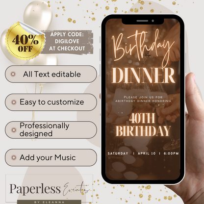 Digital Surprise Birthday Dinner Invitation,Elegant Surprise Party, Editable Template - www.paperless-events.com