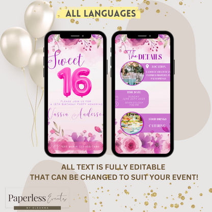 Sweet 16th Birthday Digital Invitation,Watercolour Floral  Evite, Birthday Itinerary - www.paperless-events.com