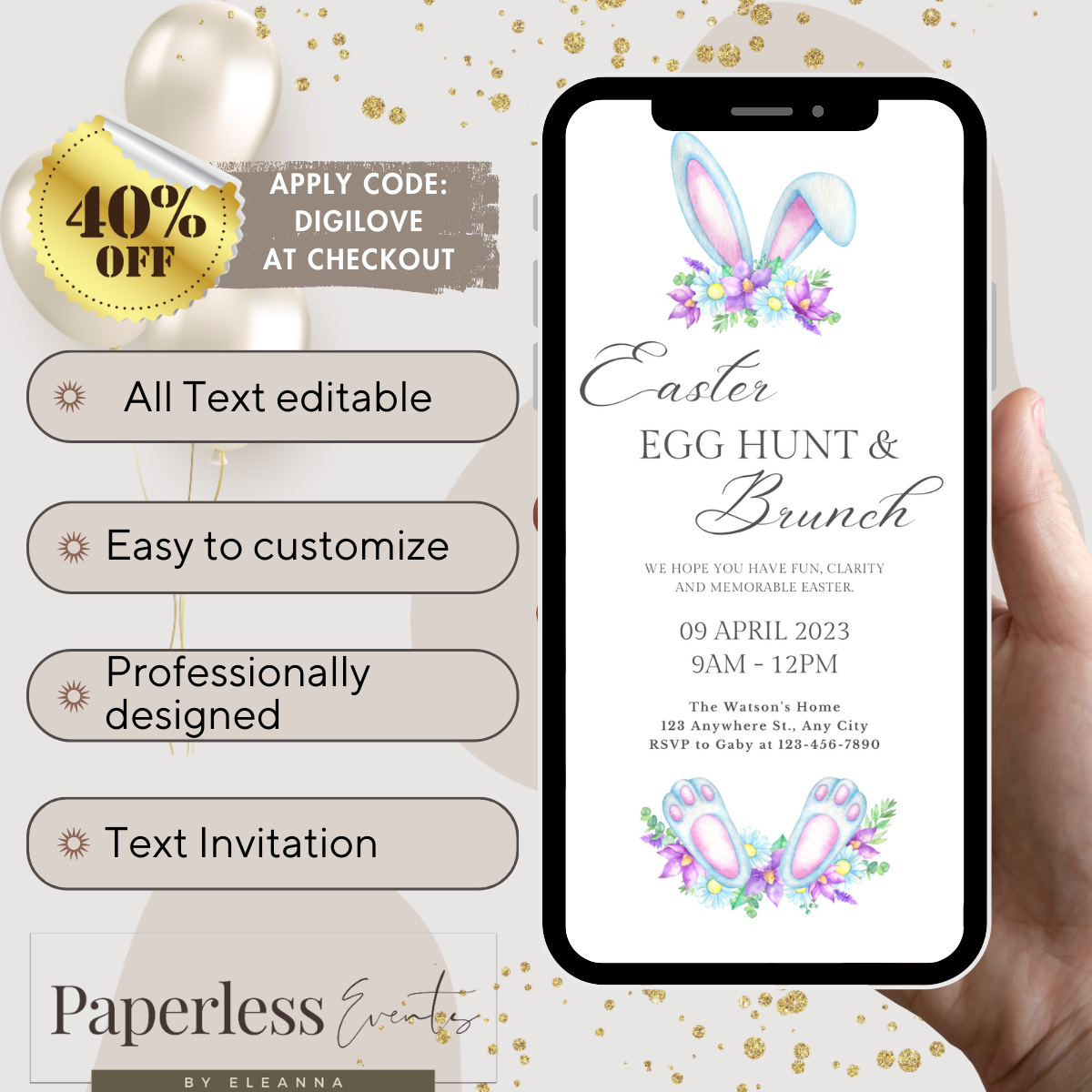 Editable Easter Egg Hunt & Brunch Digital Invitation - www.paperless-events.com