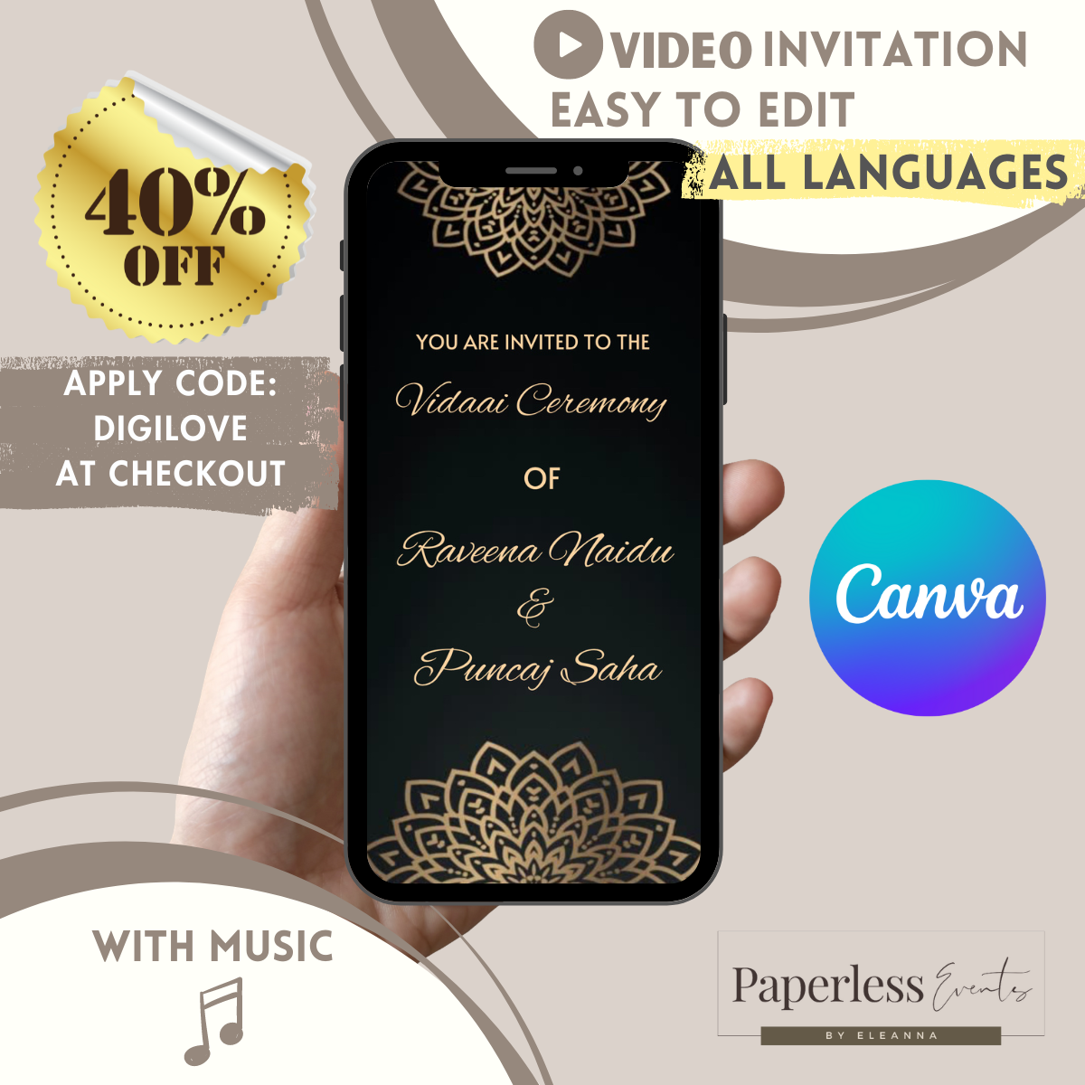 Indian Wedding Ceremony Invitation,Indian Vidaai Evite,Indian Black Gold wedding Invitation - www.paperless-events.com