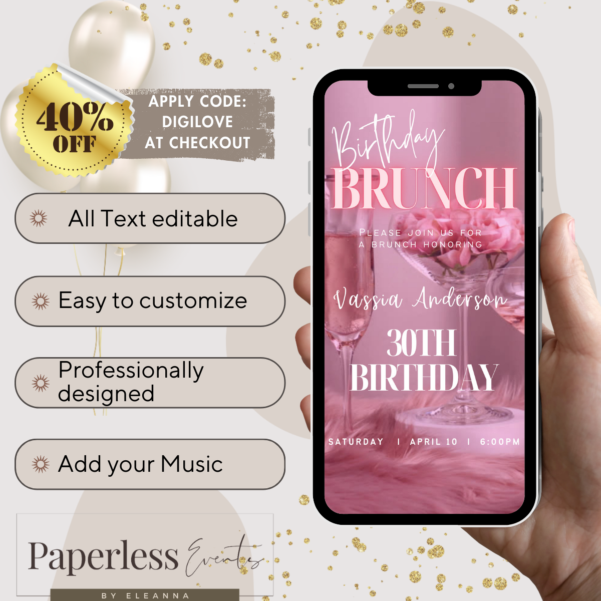 Brunch Digital Invitation, Elegant Brunch and Bubbly Video Invitation! - www.paperless-events.com