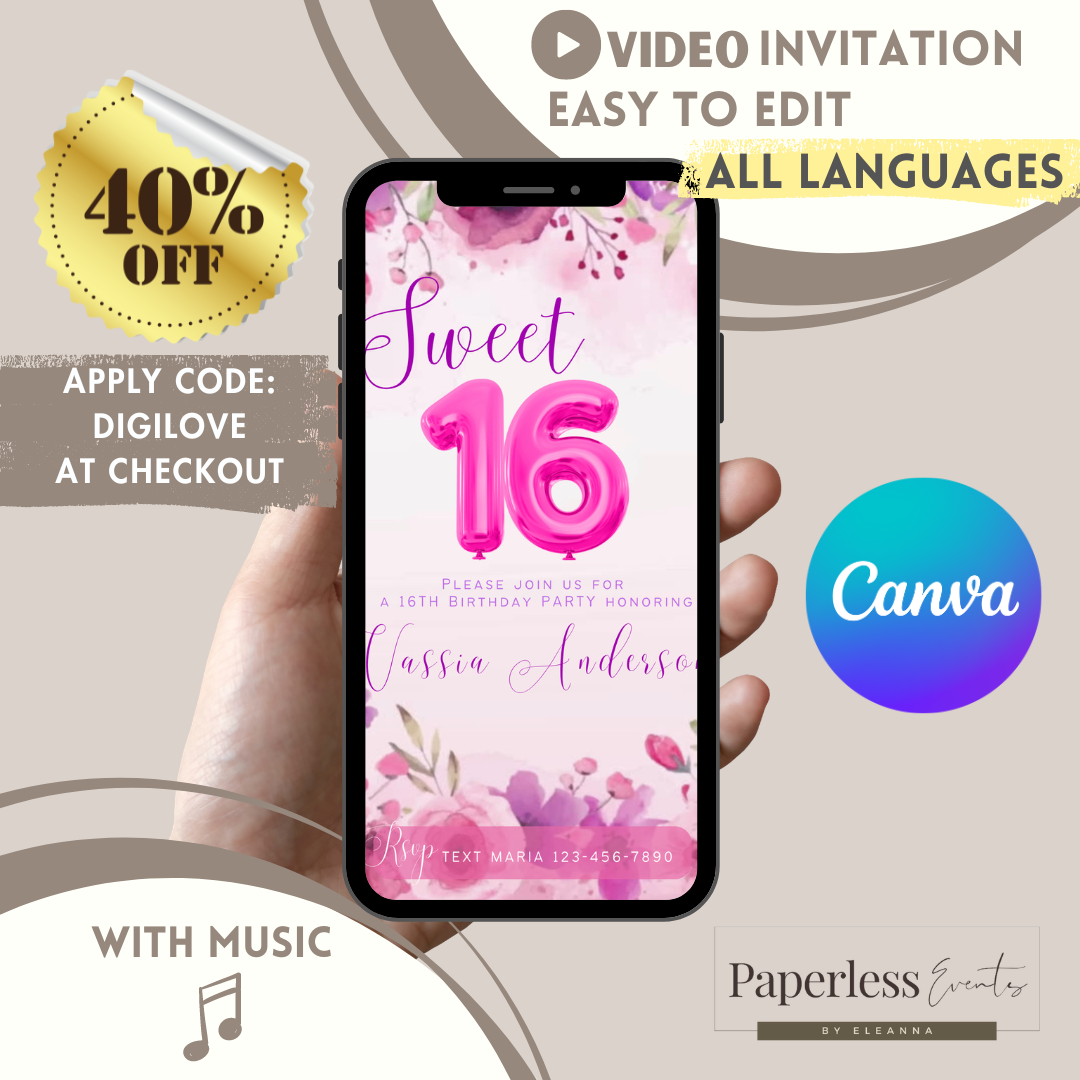 Sweet 16th Birthday Digital Invitation,Watercolour Floral  Evite, Birthday Itinerary - www.paperless-events.com