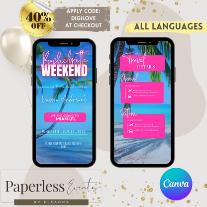 Bachelorette Weekend, itinerary template,travel itineray, Birthday Weekend Invitation, Weekend Itinerary, Digital itinerary, Girls Trip - www.paperless-events.com