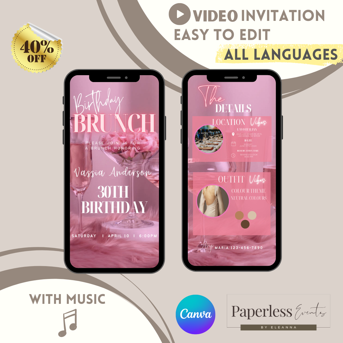 Brunch Digital Invitation, Elegant Brunch and Bubbly Video Invitation! - www.paperless-events.com