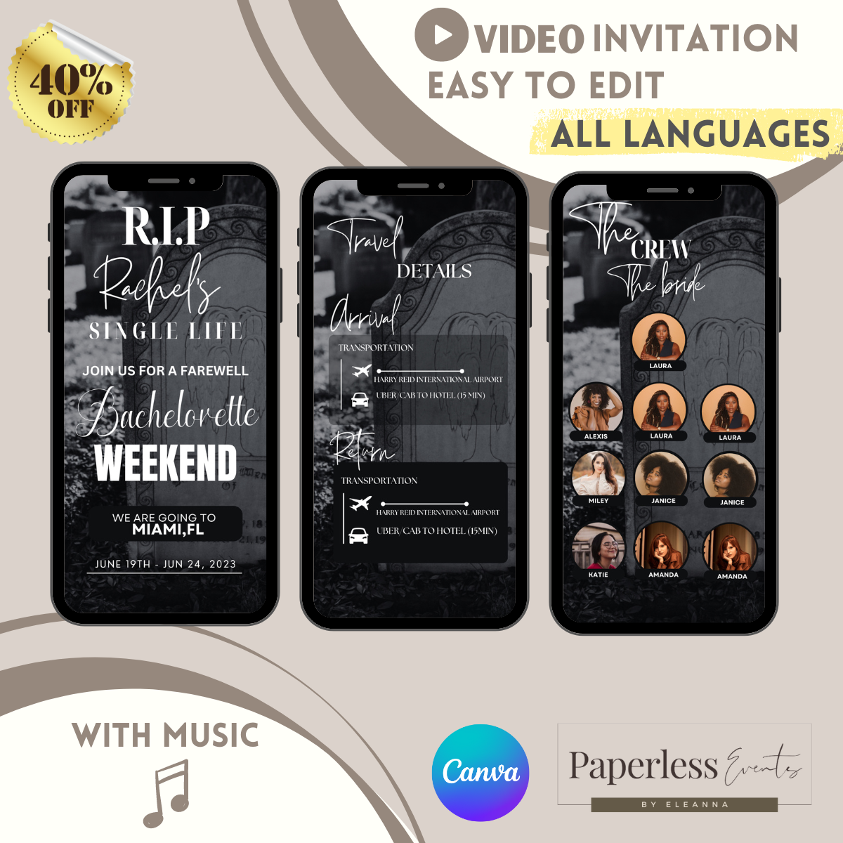 Funeral Bachelorette Weekend, itinerary template,travel itineray, Bachelorette goth Weekend Invitation, Weekend Itinerary, Digital itinerary, Girls Trip - www.paperless-events.com